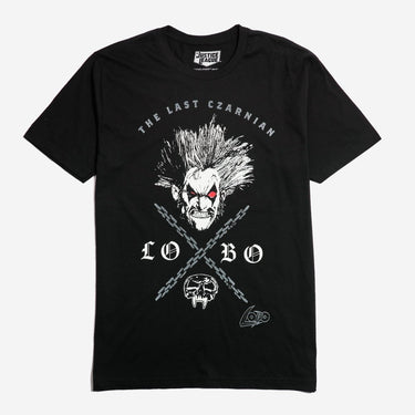 Black t-shirt with a design of Lobos head with chains and a skill. Text on the tee reads "The Last Czarnian" and "Lobo"
