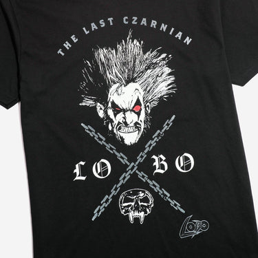 Black t-shirt with a design of Lobos head with chains and a skill. Text on the tee reads "The Last Czarnian" and "Lobo"