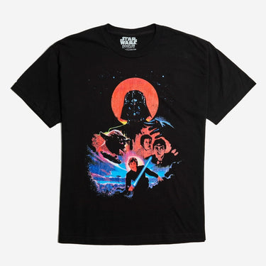 Black Star Wars T-Shirt Featuring Heavy Saturated Red and Blue Graphics detailing characters from the original series such as Yoda, Leia and Darth Vader