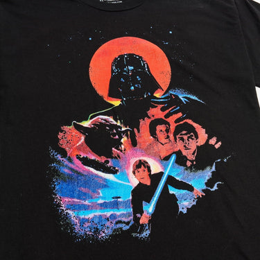 Black Star Wars T-Shirt Featuring Heavy Saturated Red and Blue Graphics detailing characters from the original series such as Yoda, Anakin, Leia and Darth Vader