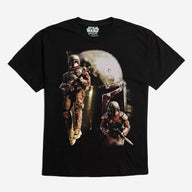 Black Star Wars T-Shirt with Graphic featuring a collage of Cobb Vanth from The Mandalorian