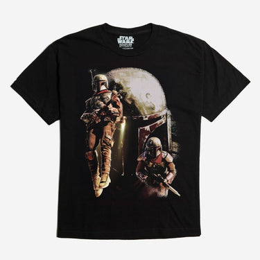 Black Star Wars T-Shirt with Graphic featuring a collage of Cobb Vanth from The Mandalorian
