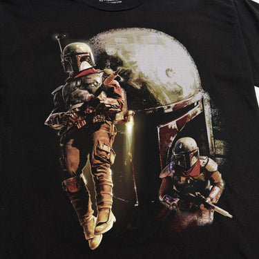 Black Star Wars T-Shirt with Graphic featuring a collage of Cobb Vanth from The Mandalorian