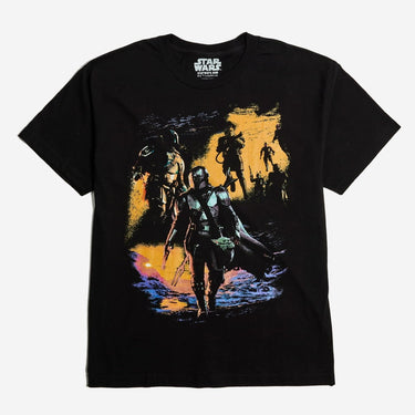 A black Star Wars T-Shirt with Saturated  Orange and Blue toned graphics featuring The Mandalorian