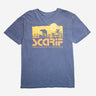 Blue t-shirt with yellow star wars Scarif graphic and text on a white background