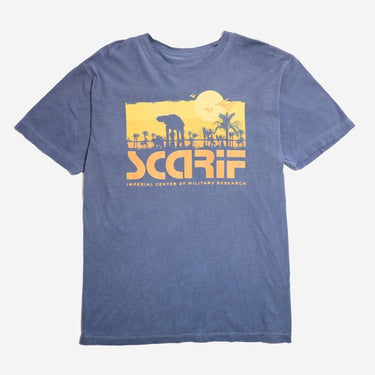 Blue t-shirt with yellow star wars Scarif graphic and text on a white background