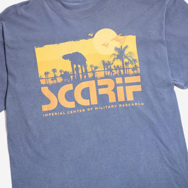 Blue t-shirt with yellow star wars 'Scarif' graphic design on a white background