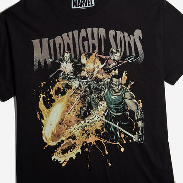 A black Marvel t-shirt featuring a large graphic print of the Midnight Sons, with a stylized illustration of Marvel superheroes and the text 'MIDNIGHT SONS' across the chest.