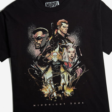 A black Marvel t-shirt featuring a large graphic print of the Midnight Sons, with a stylized illustration of Marvel superheroes and the text 'MIDNIGHT SONS' across the chest.