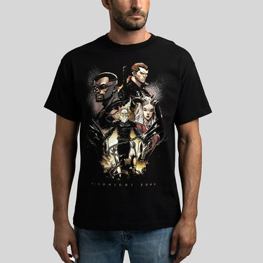 A black Marvel t-shirt featuring a large graphic print of the Midnight Sons, with a stylized illustration of Marvel superheroes and the text 'MIDNIGHT SONS' across the chest.