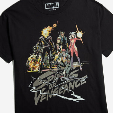 A black Marvel t-shirt featuring a large graphic print of the Midnight Sons, with a stylized illustration of Marvel superheroes and the text 'Spirits of Vengeance' across the chest.