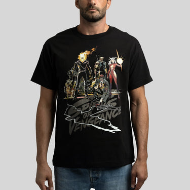 A black Marvel t-shirt featuring a large graphic print of the Midnight Sons, with a stylized illustration of Marvel superheroes and the text 'Spirits of Vengeance' across the chest.