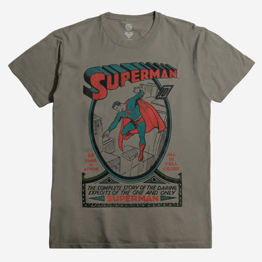 Olive Green  t-shirt with Superman graphic design on a white background