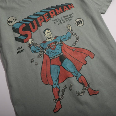 Light green t-shirt with Superman No. 11 graphic design on a white background