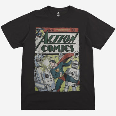 Black t-shirt with Superman graphic and 'Action Comics' cover design on a white background