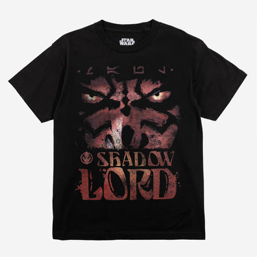 Black Star Wars t-shirt with 'Shadow Lord Maul' graphic design on a white background