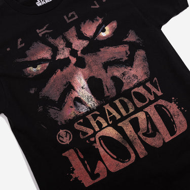 Black Star Wars t-shirt with 'Shadow Lord Maul' graphic design on a white background