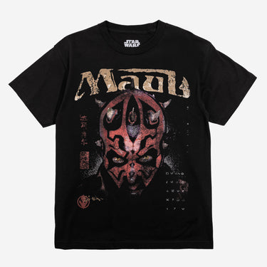 Black Star Wars t-shirt with 'Darth Maul' designon a white background