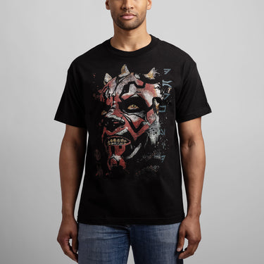 Person in a Black Star Wars t-shirt with a graphic design of a Darth Maul's face on a white background