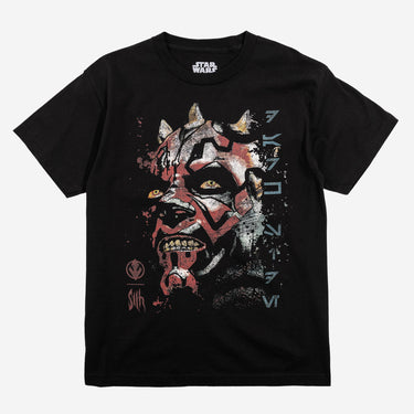 Black Star Wars t-shirt with a graphic design of a Darth Maul's face on a white background