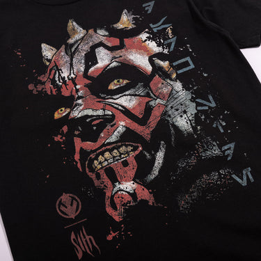 Black Star Wars t-shirt with a graphic design of a Darth Maul's face on a white background