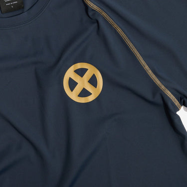 Navy blue X-Men shirt with a gold circular logo on a white background