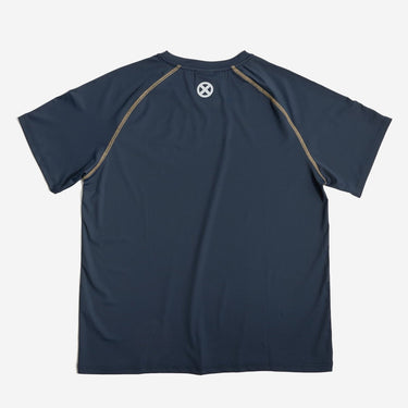 Navy blue x-men athletic shirt with gold accents on a white background