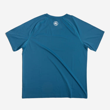 Blue athletic t-shirt with a fantastic four logo on the back against a white background