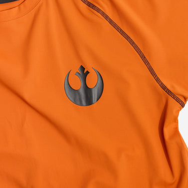 Orange shirt with a black Star Wars Rebel symbol on a white background