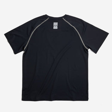 Black t-shirt with gray accents on a white background