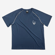 Blue athletic shirt with a logo on a white background