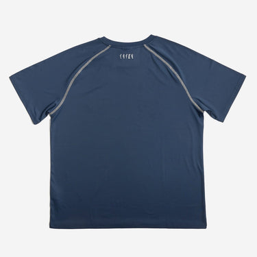 Navy blue athletic shirt with gray accents on a white background