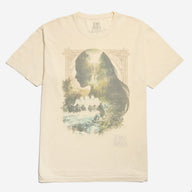 Beige t-shirt with a graphic design of a silhouette and nature elements on a white background