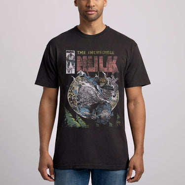 Person wearing a black t-shirt with 'The Incredible Hulk'  Issue #344 graphic design on a white background