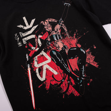 Black Star Wars t-shirt with a graphic design of Darth Talon holding a lightsaber on a white background