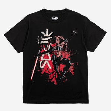 Black Star Wars t-shirt with a graphic design of Darth Talon holding a lightsaber on a white background