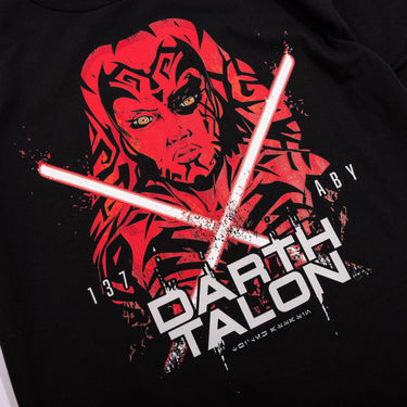 Black t-shirt with red and white graphic design of a character holding lightsabers, featuring the text 'Darth Talon'.
