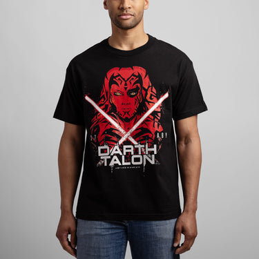 Person wearing a black Star Wars Darth Talon t-shirt with a red and white graphic design on a gray background