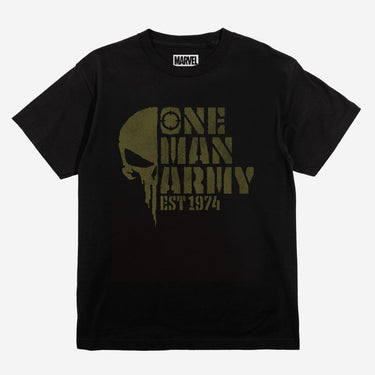Black The Punisher t-shirt with 'One Man Army' graphic and Marvel logo on a white background