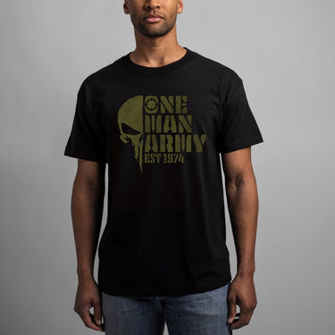 Person wearing a Black Marvel The Punisher t-shirt with 'One Man Army' graphic 