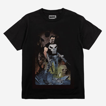 Black t-shirt with Marvel Punisher graphic design on a white background