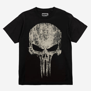 Black t-shirt with Punisher skull design and Marvel logo on a white background