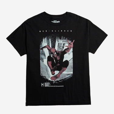 A black short-sleeve t-shirt featuring a graphic print of Spider-Man swinging in a web over a city skyline, with 'WEB-SLINGER' printed above the graphic.