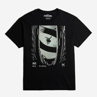 A black short-sleeve crewneck t-shirt featuring a large black and white graphic print of Spider-Man swinging from a web on a striped banner, with 'NYC WEB SLINGER' text printed below the graphic.
