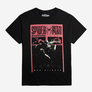 A black short-sleeve crewneck t-shirt featuring a prominent red and black graphic print of Spider-Man on the front, with 'SPIDER-MAN' and 'Brand New Day' printed above an action scene.