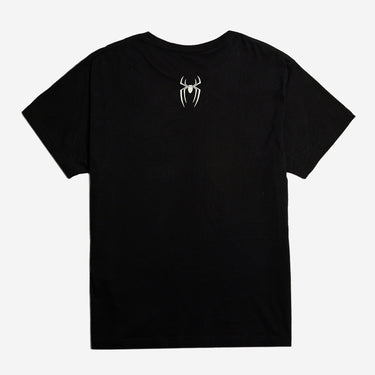 A black short-sleeve t-shirt with a small white spider logo printed on the upper chest, displayed flat against a light gray background.