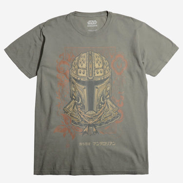 Green t-shirt with a Star Wars Graphic of Mando's helmet in a Samurai Style on a white background