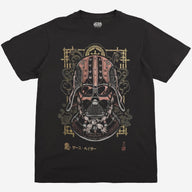 Black t-shirt with a Star Wars Graphic of Darth Vader's helmet in a Samurai Style on a white background