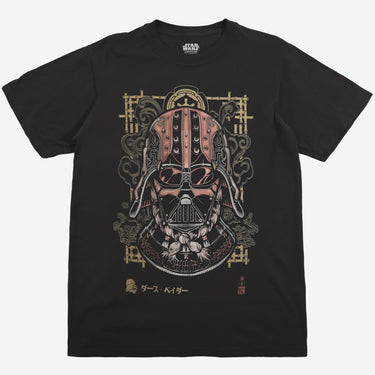 Black t-shirt with a Star Wars Graphic of Darth Vader's helmet in a Samurai Style on a white background