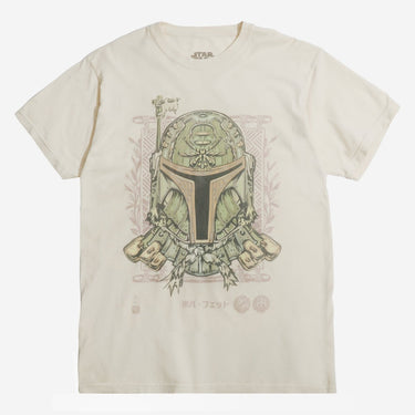 Beige t-shirt with a Star Wars Graphic of Boba Fett's helmet in a Samurai Style on a white background